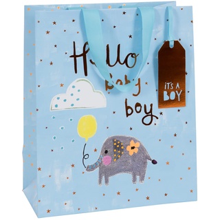 Glick Luxus-Geschenktüte, Baby Junge Große Geschenktüte, Baby Geschenktüte Junge, Willkommen Baby Boy Geschenktüte, Blau, 31,5 cm hoch x 26 cm breit x 13,5 cm tief