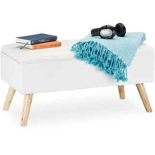 Relaxdays Sitzbank mit Stauraum, gepolstert, Holzbeine, Truhenbank Stoffbezug, H x B x T: 39,5 x 79,5 x 39,5 cm, weiß