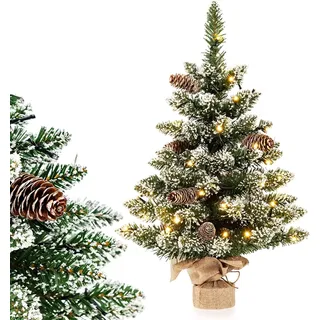 FANTASK 60cm Künstlicher Weihnachtsbaum klein, Mini Tannenbaum mit Beleuchtung und Schnee, Grün