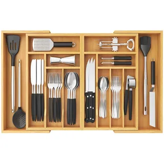 Lifewit Großer Besteckkasten für Schubladen, Tiefe 40 cm | Schubladen Besteck Organizer aus Holz für Küche, Erweiterbarer Besteckkorb Besteckhalter für Löffel/Gabeln/Messer, Naturfarbe