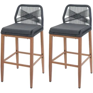 Mendler 2er-Set Rope-Barhocker HWC-O21, Outdoor Sitzpolster Seilgeflecht Metall Holz-Optik ~ anthrazit, Kissen dunkelgrau