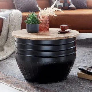 FineBuy Couchtisch Mango Massivholz Metall 60x41x60 cm Industrial Style Rund Wohnzimmertisch mit Stauraum Moderner Loungetisch Sofatisch Schwarz - Schwarz
