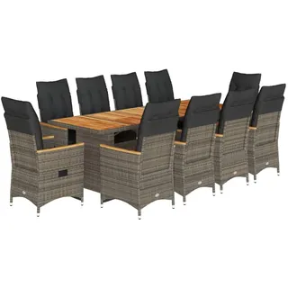 vidaXL 11-tlg. Garten-Bistro-Set mit Kissen Grau Poly Rattan - Grau