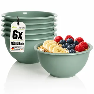 idea-station Müslischalen aus Kunststoff - 6 Stück - 650 ml - grün-grau | BPA-frei + Bruchsicher + Stapelbar - Müsli Bowl Set aus Plastik - kleine Schalen & Schüsseln für Salat, Frühstück, Cornflakes