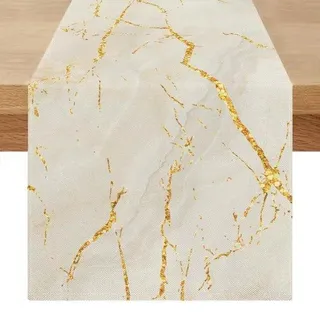Gartentisch Modern Sommer Sonne Weiß Gold Linnen Gartentisch Marmor Goldene Textur Abstrakte Kunst Gartentisch für Terrasse, Esszimmer, Sideboard, Sideboard, Schlafzimmer 40 x 200 cm