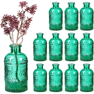 Relaxdays Glasvase, 12er Set, Deko-Vase, geprägtes Vintage-Design, HD: 13x6 cm, Mini-Vasen für Tischdeko, Glas, grün