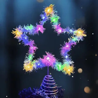Christbaumspitze Stern, 20 X 25cm Weihnachtsbaumspitze Sterne, mit 10 LED Stern Lametta Christbaumspitze, Glitzernd Weihnachtsbaum zu Weihnachtenspitze, für Christbaumschmuck Beleuchtet