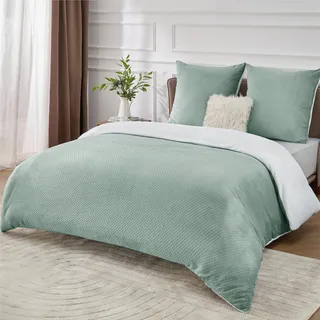 BEDSURE Flauschige Bettwäsche 155x220 Grün - Winter Bettbezug Fleece mit 2 Kissenbezüge 80x80 cm, Warme Bettwäsche-Sets mit Reißverschluss, Waffelpique Winterbettwäsche für Doppelbett