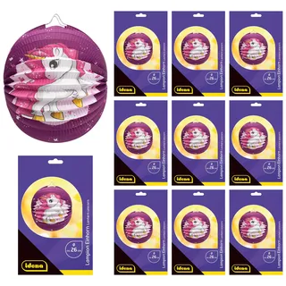 IDENA 90283 - Lampion Einhorn, 10 Stück, ca. Ø 26 cm, lila Papierlaternen mit Einhornmotiv, Kinder Laterne für Sankt Martin und Lichterfest