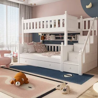 360Home Massivholz Hochbett Stockbett Etagenbett mit Ausziehbett bett 1350x1900mm ohne Matratze