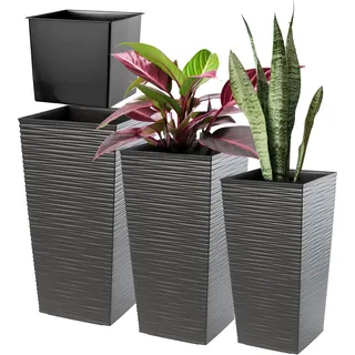 KADAX 3er Set Pflanzkübel mit Innentopf 36/46,5/57,5 cm Höhe, Grafit – wetterfeste & robuste Blumenkübel aus Kunststoff, Blumentöpfe für Innen- & Außenbereich