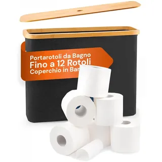 Avilia - Toilettenpapierhalter aus schwarzem Stoff mit Deckel aus natürlichem Bambus, Elegantes und kompaktes Design für Badezimmerzubehör, leicht zu bewegen und zu reinigen, Kapazität von bis zu 12