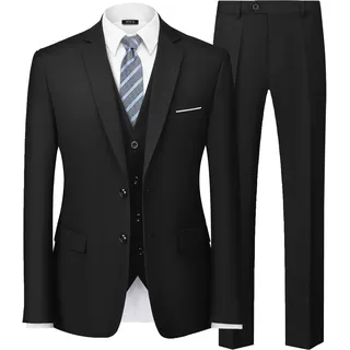 MY'S Herren 3-teiliges Slim-Fit-Anzug-Set, 2-Knopf-Blazer-Jacke, Weste, Hose mit Krawatte, solides Hochzeitskleid, Smoking und Hose, Schwarz, Large
