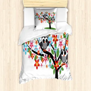 ABAKUHAUS Kindergarten Mantele, 2 Flirty Eulen auf Baum, Milbensicher Allergiker geeignet mit Kissenbezügen, 135 cm x 200 cm - 80 x 80 cm, Mehrfarbig