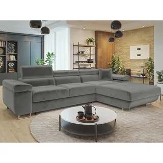 Mirjan24 Ecksofa Torezio Mini, Stilvoll Eckcouch mit Bettkasten und Schlaffunktion, Einstellbare Kopfstützen, 280x170x70-90 cm (Farbe: Manila 16, Seite: Rechts) - Grau