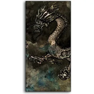 Küchenuhr Bürouhr Leinwand Uhr 30x60 Malerei Asiatische Fantasie Monster Drachen - schwarze Hände