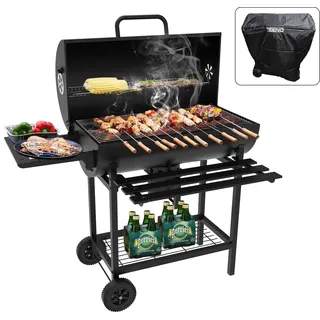 TEENO Grillwagen aus Holz, XXL-Kohlegrill mit Deckel, Thermometer, Ascheschublade, Verbrühungsschutz, verstellbare Belüftung, großer Holzkohlegrill (mit Stoffbezug)