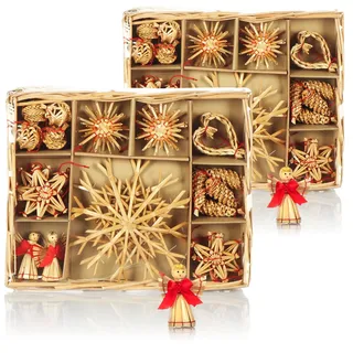 COM-FOUR COM-FOUR® 52x Strohsterne im Mix-Set - Christbaum-Schmuck - Stroh-Anhänger für den Weihnachtsbaum - natürlicher Christbaum-Behang - Weihnachtsdekoration (52-teilig - Set1)