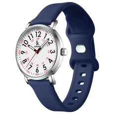 Alienwork IK EasyTime Armbanduhr Herren Damen Silber Silikon-Armband Marineblau Weiss Einfache Lesezeit Armbandwechsel mit Schnellverschluss