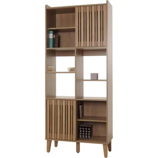 Bücherregal HWC-M48, Bücherschrank Hochschrank, Schiebetür 8 Staufächer MDF 178x75x35cm natur - Braun