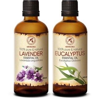 Ätherische Öle Set 2x100ml - Lavendel Öl und Eukalyptus Öl - Aromatherapie Ätherische Öle für Diffusers und Duftlampen - Eukalyptusöl für Duftkerzen und Seifen - Lavendelöl für Haut und Raumduft