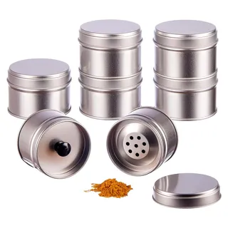 6er Set stapelbare Gewürzdosen mit Aromadeckel inkl. 6 Etiketten + 2 Streueinsätze | Höhe: ca. 4,5 cm, Ø ca. 6,4 cm | Material: Weißblech | BPA-frei und lebensmittelecht