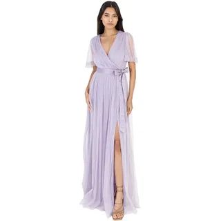 Anaya with Love Damen Ladies Maxi Dress Women V Neckline Short Sleeve Frilly Long Empire Waist for Wedding Guest Bridesmaid Maid of Honour Kleid, Dusty Lilac, 52