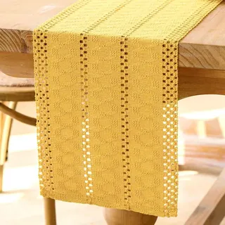 Jayusaror Tischläufer Gelb Boho Makramee Modern Frühling Bauernhaus Klein Tischdecke Schmal Landhausstil Rustikaler Tisch Läufer Baumwolle Leinen Table Runner für Hochzeit Party Deko 30x160 cm