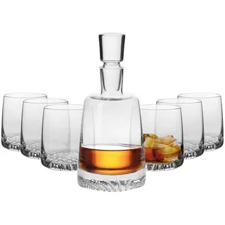 Krosno Whisky Cognac Kristall Set | 1 x 950 ml Karaffe & 6 x 300 ml Glas | Fjord Kollektion | Für Zuhause, Restaurants & Partys | Geschenk für Whiskykenner | Bleifreies Kristallglas