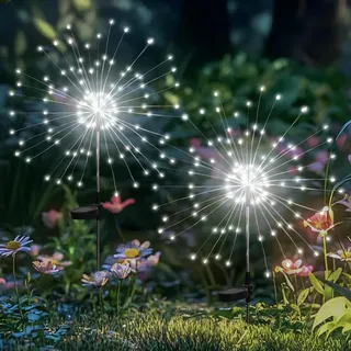 Yomistar Gartendeko Solar Gartenleuchte Außen, 2 Stück 120 LED Solarleuchten Feuerwerk, 8 Modi Solar Pusteblume Gartenstecker Wasserdicht Solarlampen für Garten Balkon Terrasse - Kaltweiß, YQ-150L