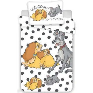 Disney Baby Kinder Bettwäsche Susi und Strolch mit Welpen 100 cm x 135 cm Bettdecke + 40 cm x 60 cm Kopfkissen 100% Baumwolle - Weiß, Schwarz