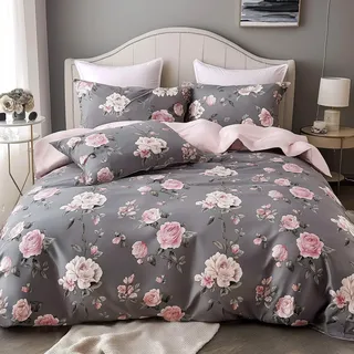 3D Bettwäsche Set 200x220cm Blumen Rosen Grau Rosa Wende Bettbezug mit 2 Kissenbezügen 80x80cm Reißverschluss