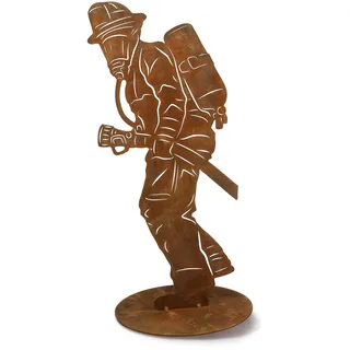 Rostikal Feuerwehrmann Figur Rost - 40 cm - Handgefertigte Edelrost Feuerwehr Deko aus Metall - Wetterfeste Gartendeko für Garten, Balkon, Wohnzimmer - Geschenkidee für Feuerwehr-Fans