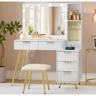 VASAGLE Schminktisch mit 10x Vergrößerungsspiegel, LED-Leuchten, Schmucktablett, Ladestation - Weiß