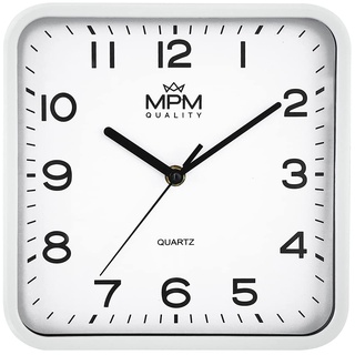 MPM Quality Design Kunstoff Wanduhr, Quadratisch, arabische Ziffern, Weiß, Quarz-Uhrwerk Sweep, 220 x 40 mm, Classic Modern, Analog Wand Uhr, Wanddeko, Dekoration für Wohnzimmer, Küche, Büro