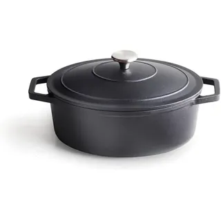 Qulinart Bräter Oval, Deckel aus Gusseisen mit Knopf aus Edelstahl - 30cm - Schwarz