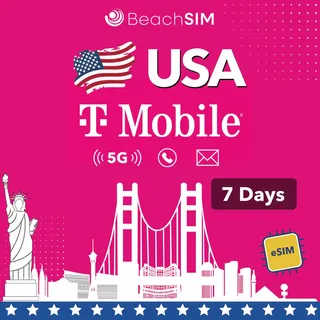 BeachSIM USA eSIM 7 Tage. Unbegrenztes Datenvolumen, Ortsgespräche und SMS im T-Mobile Netz. Schnelle Aktivierung. Einfaches Aufladen. Funktioniert mit eSIM-kompatiblen Geräten.