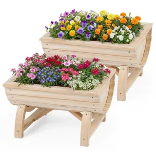 COSTWAY Hochbeet 2er Set, Halbfass Blumenkasten Tannenholz, Pflanzkübel mit Entwässerungsloch&Beinen, Pflanzkasten, Kräutebeet, Outdoor Balkonkasten - Naturbelassen