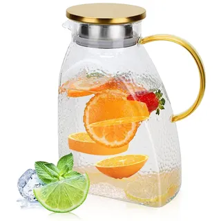 Aoreun Wasserkrug, 1.8 L Karaffe Glas mit Edelstahl-Deckel, Auslaufsicherer Kühlschranktür Karaffen, Kabelkeramikofenheizung wasserkaraffe mit deckel für Heiße Kalte Getränke Saft Milch Kaffee Wein