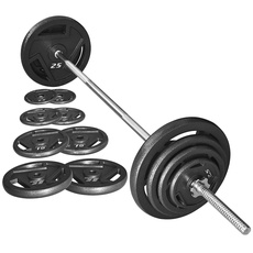 Signature Fitness Standard-Hantelscheiben aus Gusseisen, inklusive 1,5 m Standard-Langhantel mit Sternverschlüssen, 43,1 kg Set (38,6 kg Scheiben + 4,5 kg Langhantel), mehrere Pakete, Stil #3