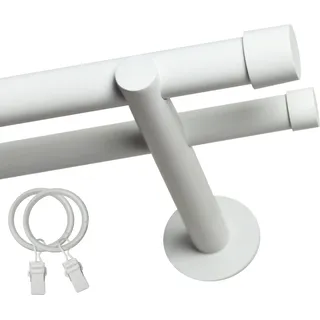 Voppi Gardinenstange Loft 2-läufig 280 cm 19+19 mm weiß, silent Vorhangringe mit Klammern, moderne Vorhangstange, einfache Wandmontage - Weiß