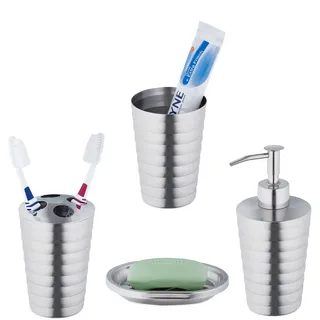 Relaxdays Badezimmer Set, 4-teilig, Seifenspender, Seifenschale, Zahnputzbecher, Zahnbürstenhalter, Edelstahl, Silber