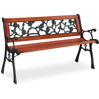 Relaxdays Gartenbank, Rosenmuster, 2 Sitzer, Holz & Gusseisen, Balkon & Terrasse, Sitzbank, 73x125x52,5 cm, Natur/grün