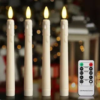 Cibnew Flammenlose LED-Kerzen mit Timerfunktion und Fernbedienung tropfendem Wachs Spitzkerzen 3D-licht Fensterkerzen für Chirstams Halloween Deko (4 Stück Beige)