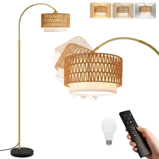 Woiledlt Bogenlampe Wohnzimmer Gold Boho Stehlampe: Rattan Stehleuchte Modern dimmbare Bogenleuchte mit Fernbedienung inkl. 1× LED 9W höhenverstellbare 165–180cm Bogenleuchte für Büro Schlafzimmer