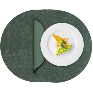 ToVioc Platzsets Abwaschbar Rund Leder, Tischsets Abwaschbar Rund für Küche, Restaurant & Büro, Antirutsch-Funktion Teller Untersetzer Platzdeckchen in Blumen-Design (34 cm Ø, 4er Set) - Grün
