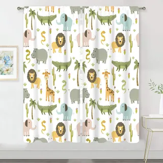MESHELLY Vorhänge für Kinderzimmer, Safari-Tiere, 107x160 cm, Stangentasche, Baby, Jungen, Kinder, Wald, Dschungel, Löwe, Elefant, Bedruckte Vorhänge für Wohnzimmer, Schlafzimmer, Stoff, 2 Paneele