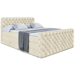 altdecor Boxspringbett mit Fußteil, 2 Matratzen und Topper, Fußteil,Polsterbett mit, Bettkasten, Bett... mit Stauraum H3- und H4- Matratze, Doppelbett - BOXI8-Z KING - Beige Holzwerkstoff, Höhe ca. 20 cm 200x200 cm, Schlafzimmer, Betten, Boxspringbetten