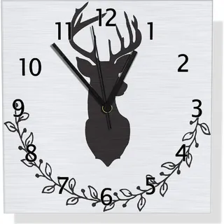 Wallario Design Wanduhr Schwarze Hirsch Silhouette mit Zweigen - schwarz weiß aus Aluverbund, Größe 30 x 30 cm - Weiß