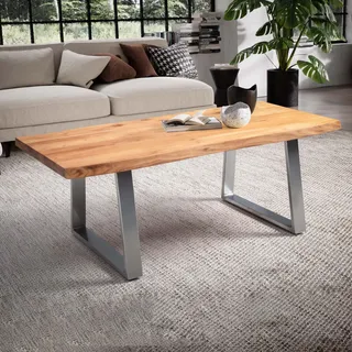 FineBuy Couchtisch 120x60x46 cm Akazie Massivholz / Metall Baumkante Wohnzimmertisch Rechteckig Sofatisch Stubentisch Braun Kaffeetisch - Braun
